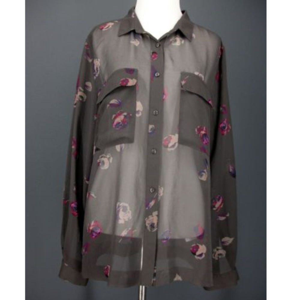 GAP Gray Floral Purple Sheer Pocketed Blouse